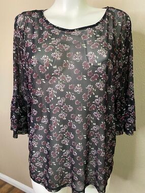 No Boundaries Black purple Floral sheer Mesh Blouse xL 💕💕